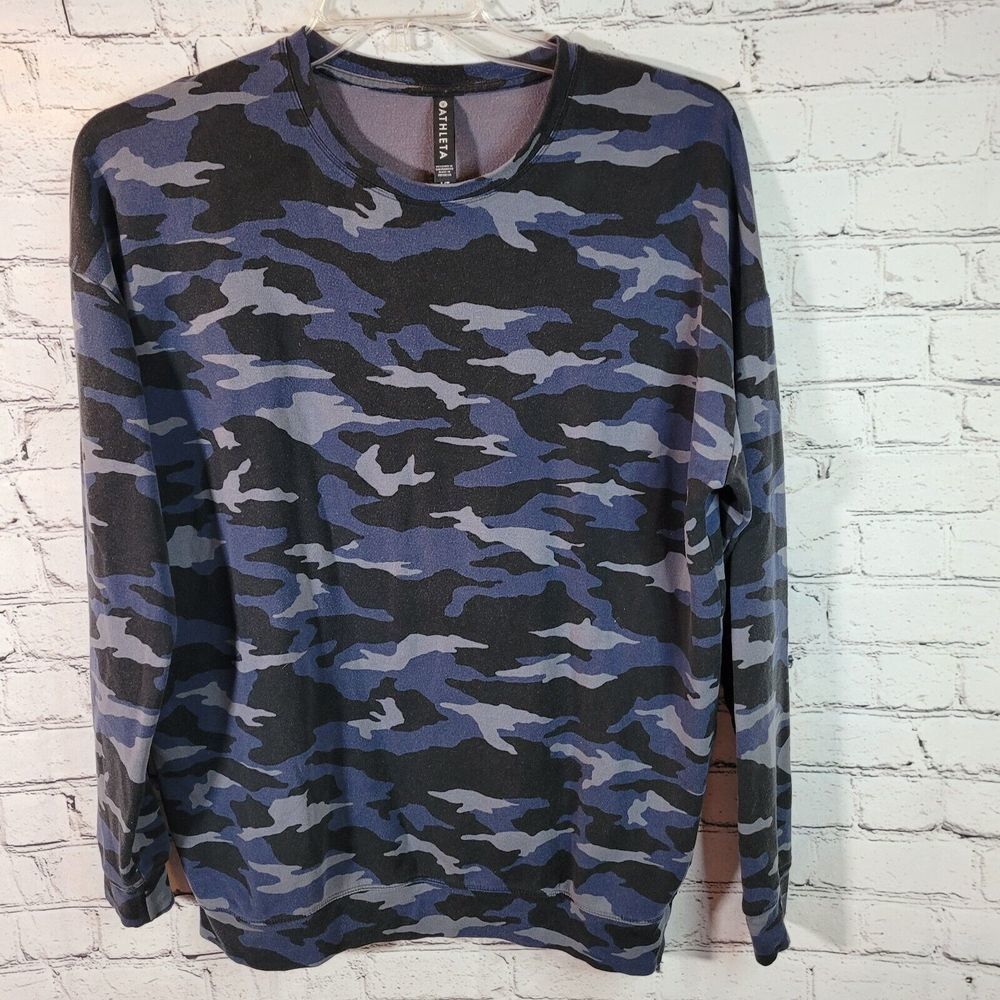 Athleta Camo Sweatshirt Womens MT Blue Black‎ Crewneck Tencel Blend Excellent